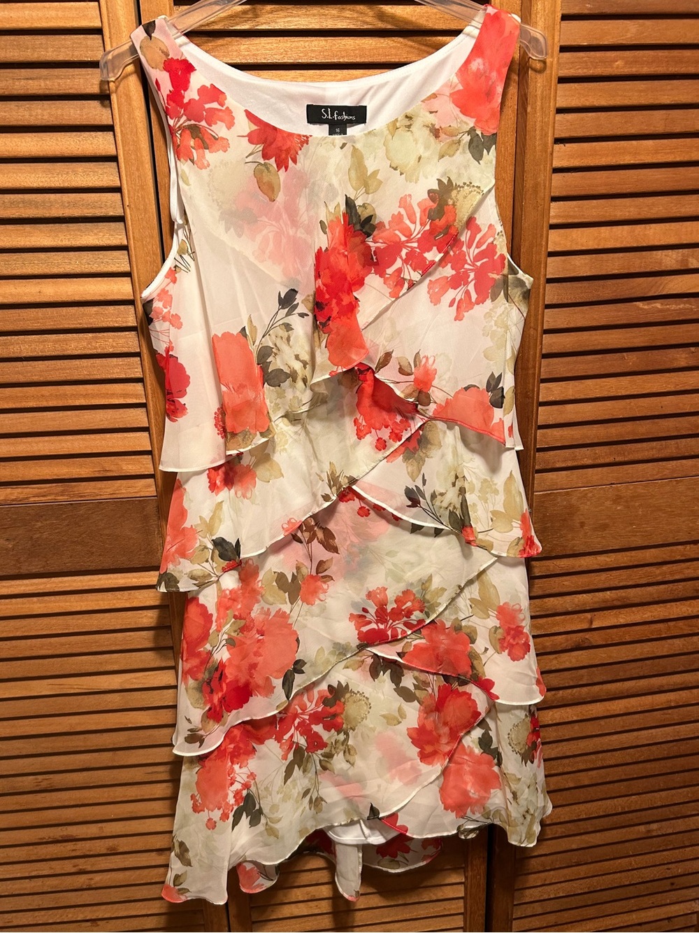 S.L. Fashions Coral and White Floral Print Tiered Sleeveless Chiffon Midi Dress